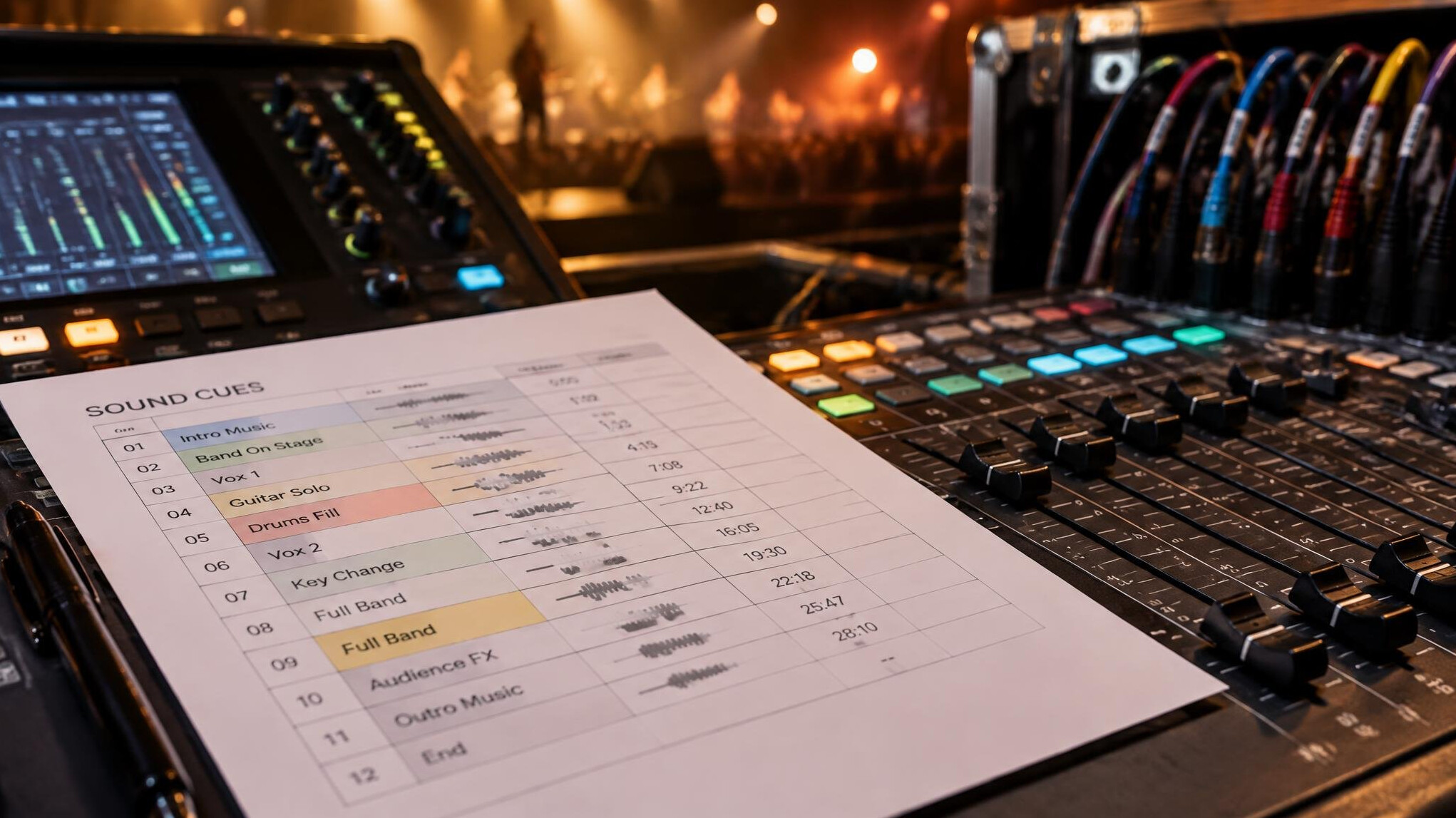Sound cue sheet and audio equipment on a mixing desk