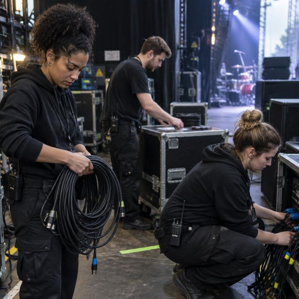 Backstage crew preparing equipment before a live show