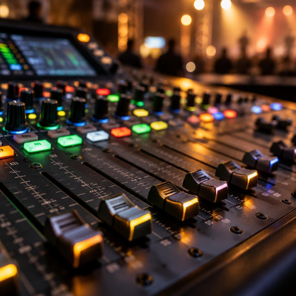 Close up of an audio mixing desk with glowing faders