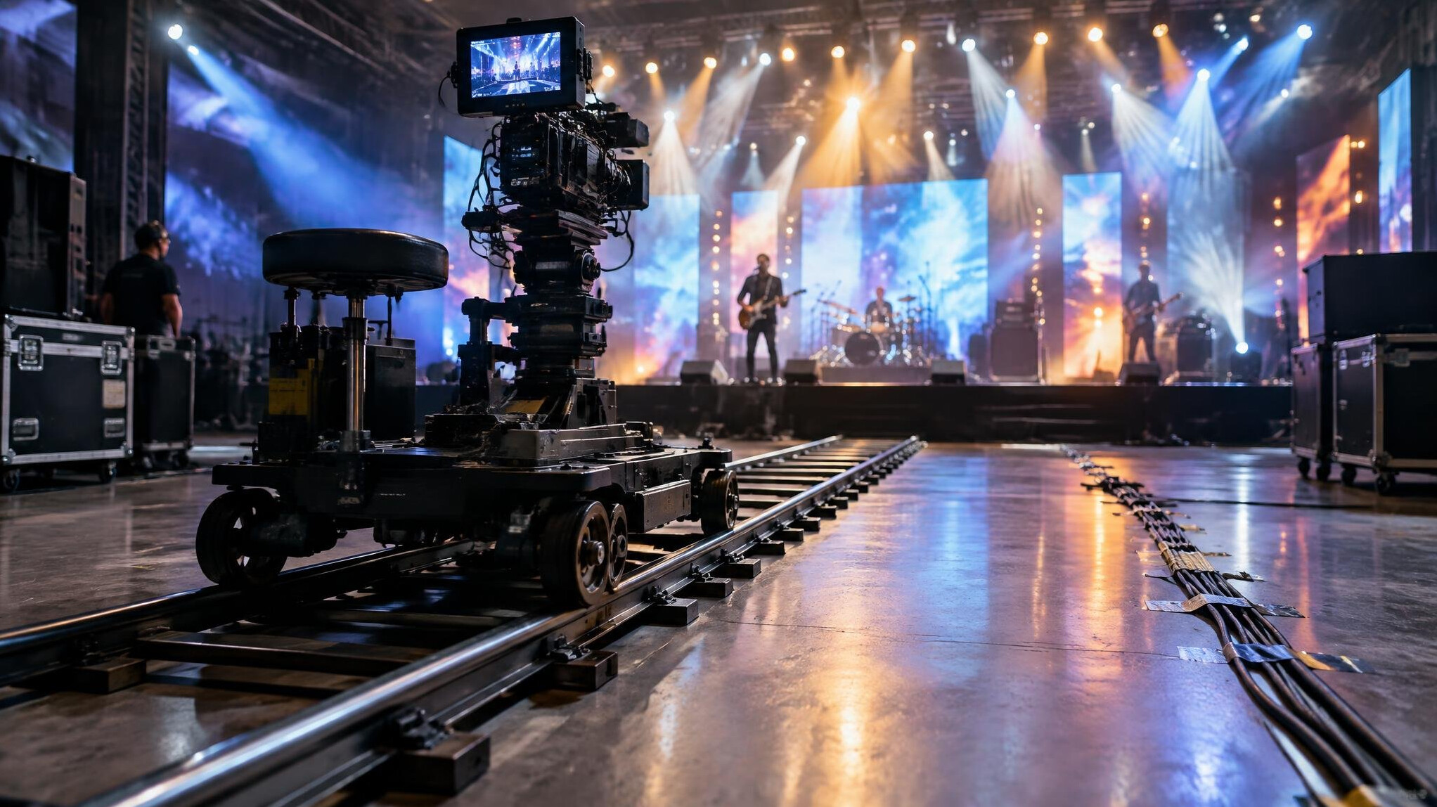 Camera dolly track set up in front of a stage