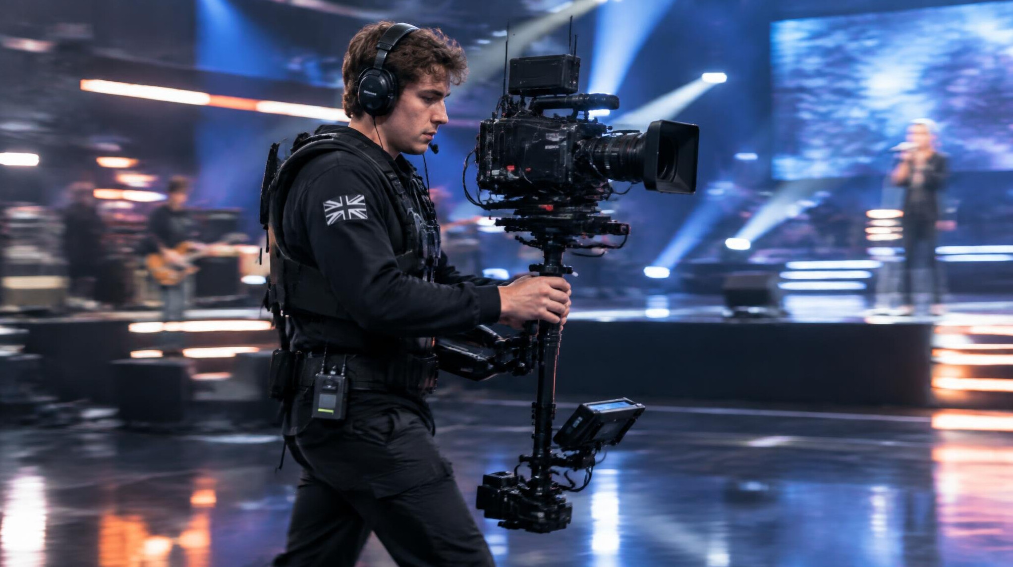Camera operator with a steadicam rig on a stage during rehearsal