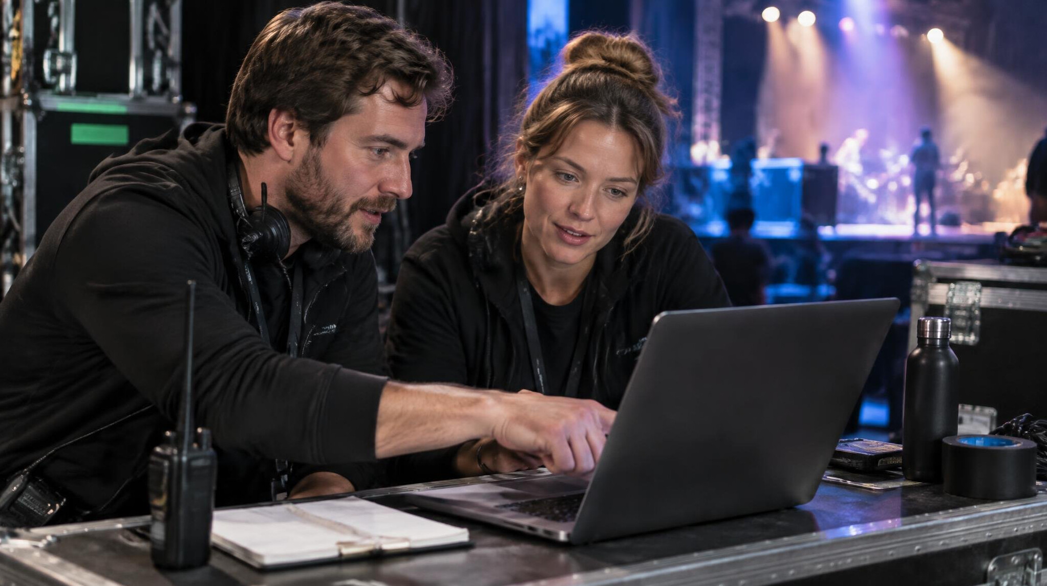 Production team reviewing a show run sheet on a laptop backstage