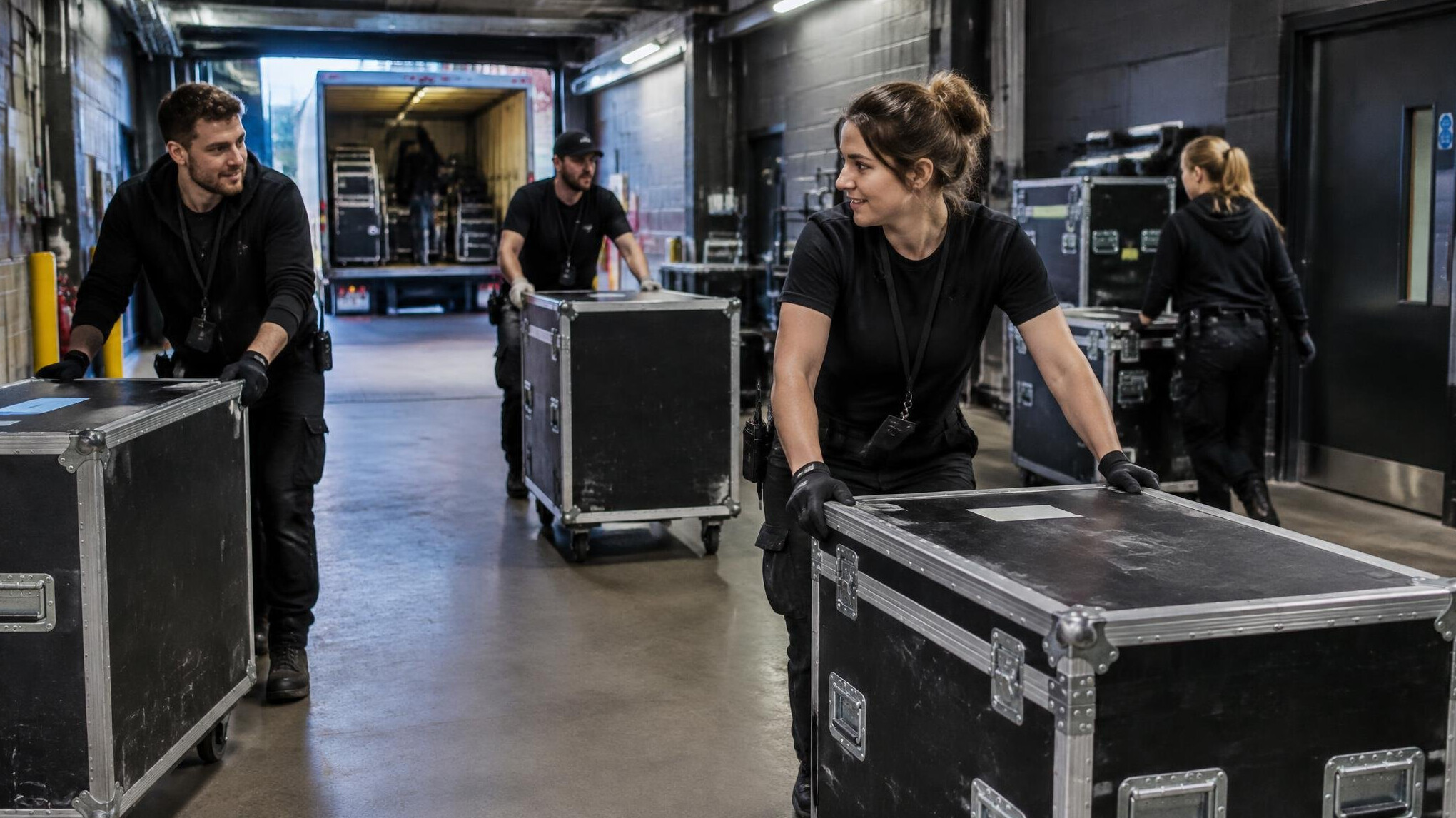 Production crew loading road cases backstage before a show