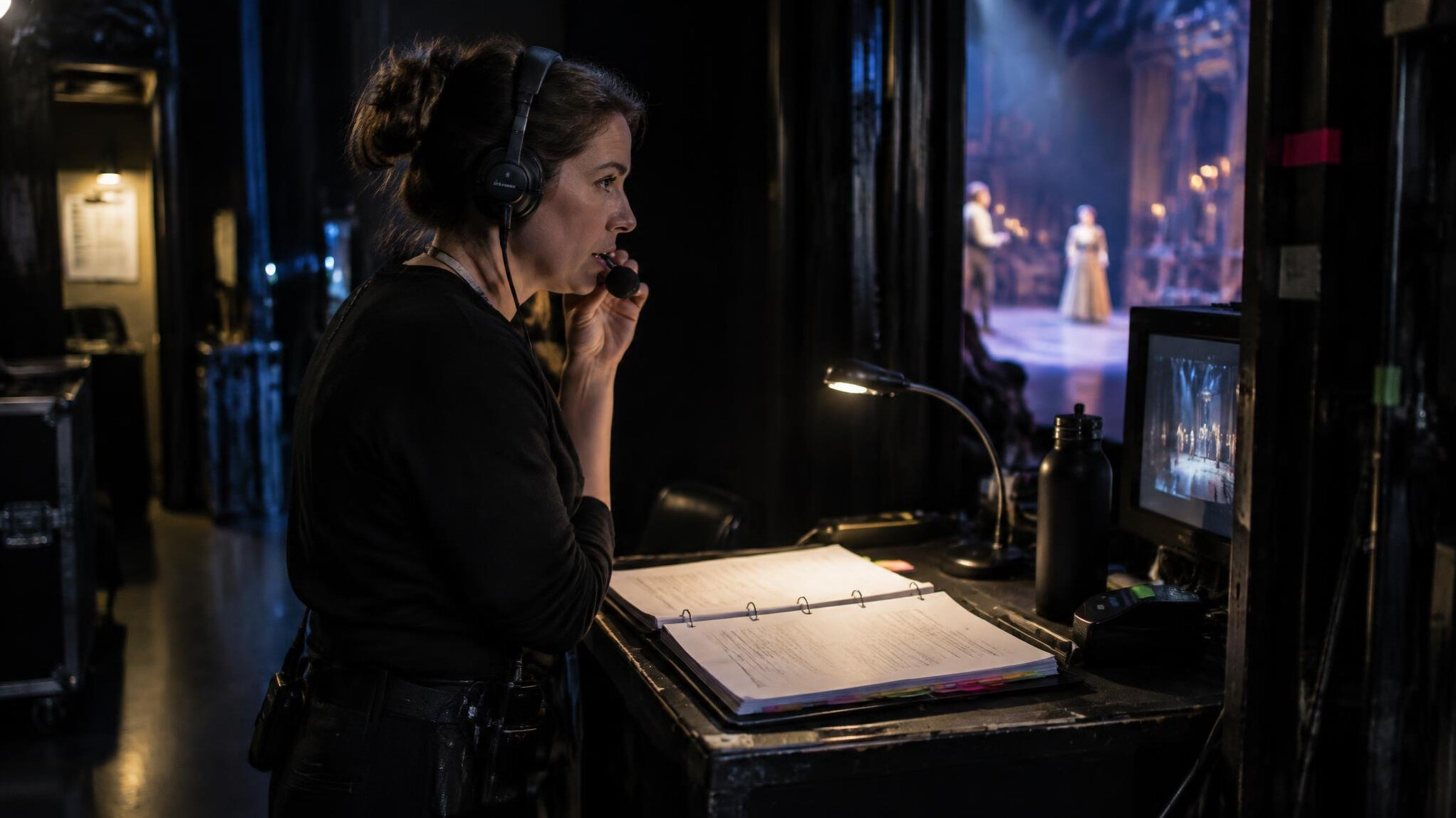 British stage manager calling cues backstage with a headset