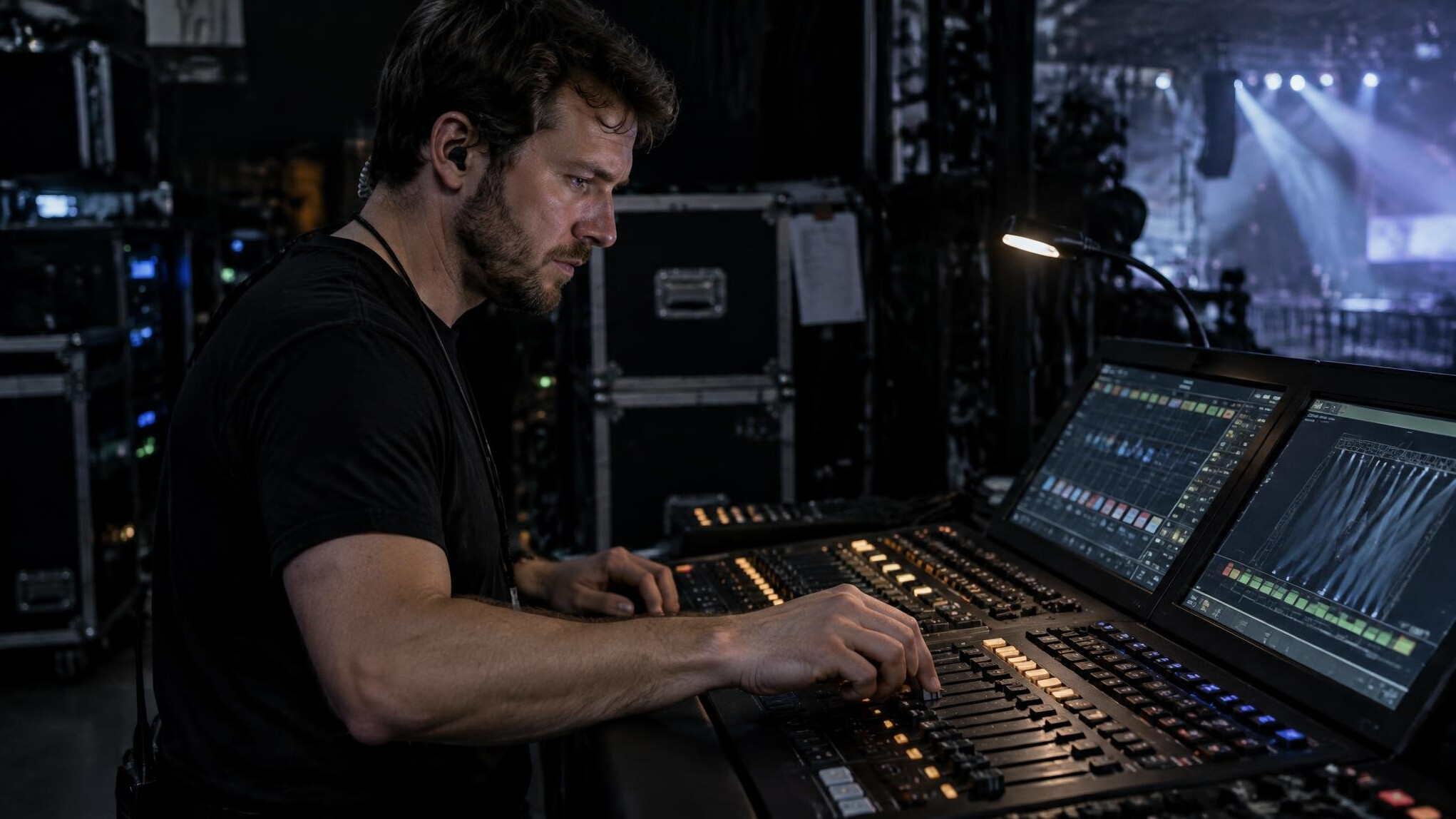 British lighting technician adjusting a lighting console during a show